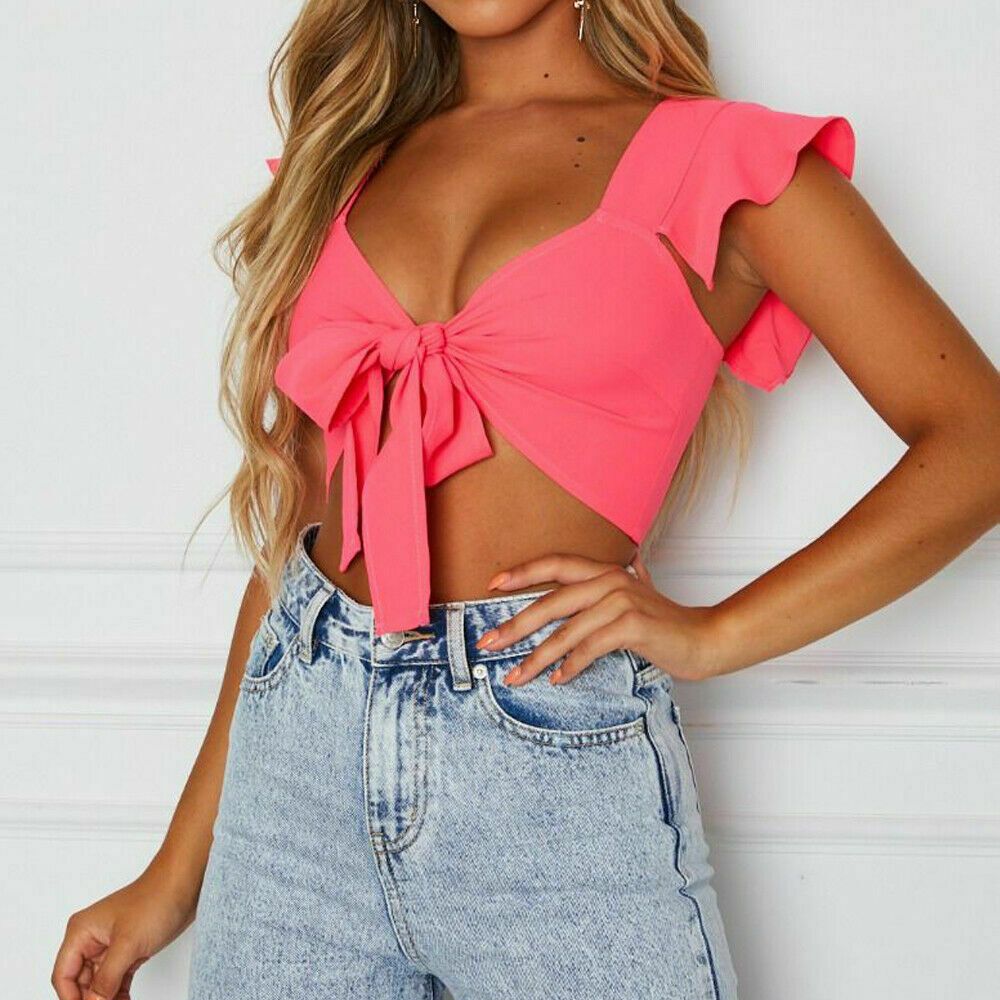 Women V- Neck Long Flare Sleeve T-Shirt Crop Tops Solid Slim Bow Tie Front Short Summer Beach Bowknot Bandage Tee Top