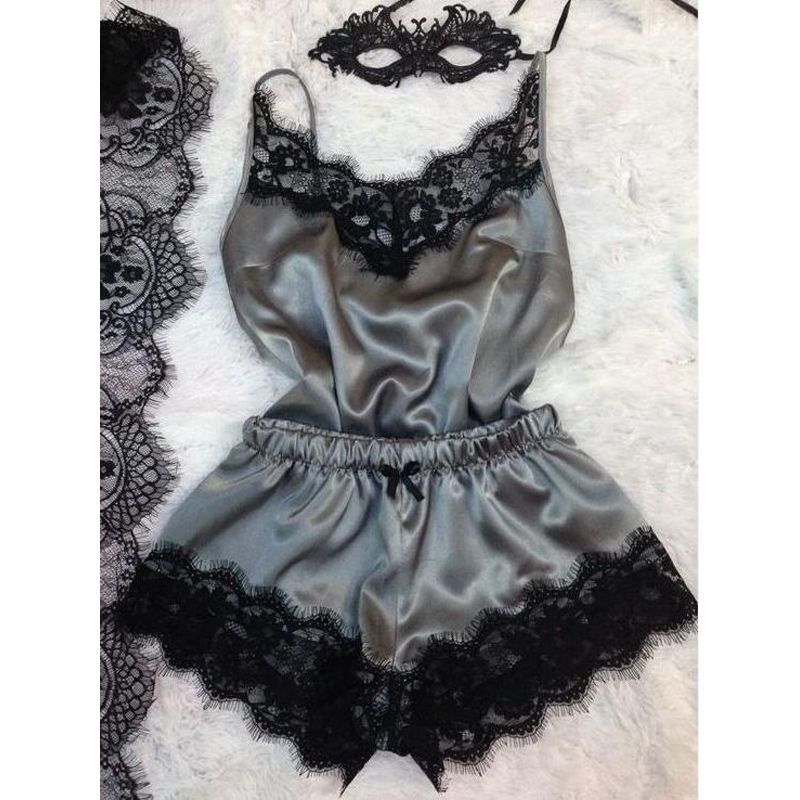 Women Bow Sleepwear Sleeveless Strap Nightwear Lace Trim Satin Cami Top Pajama Sets femme y lingerie pyjamas women