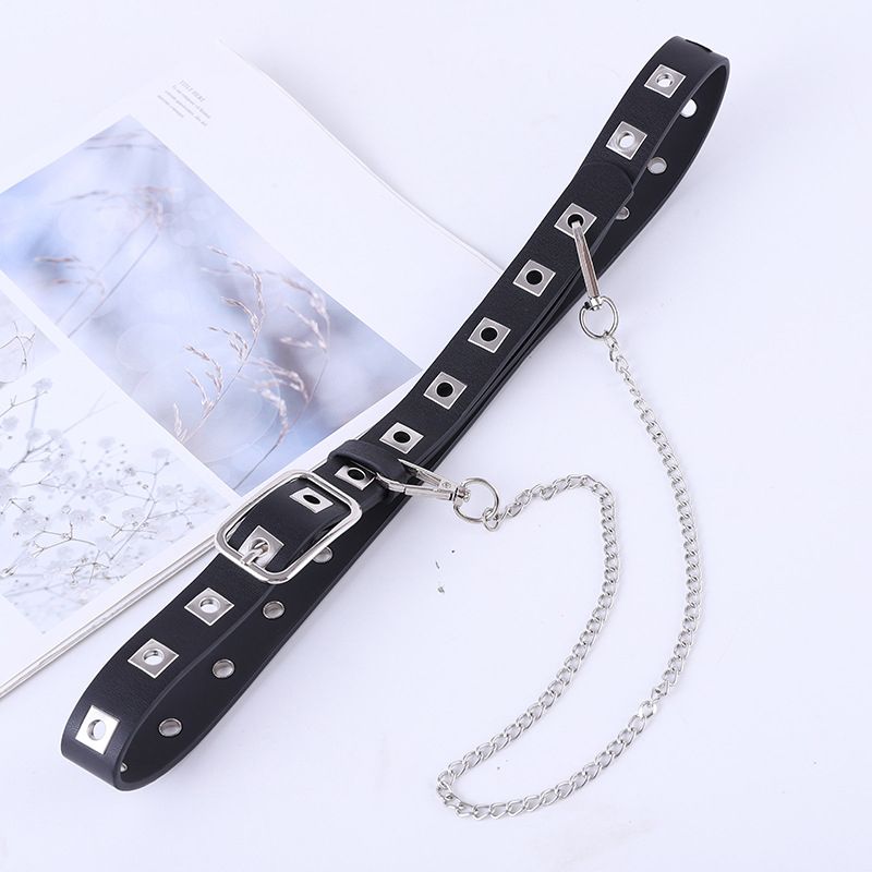 Loldeal 2.3x108cm New Chain Belt Women's Fashion Square Eyelet Button Hollow Decorative Jeans Sweater Belt Women's