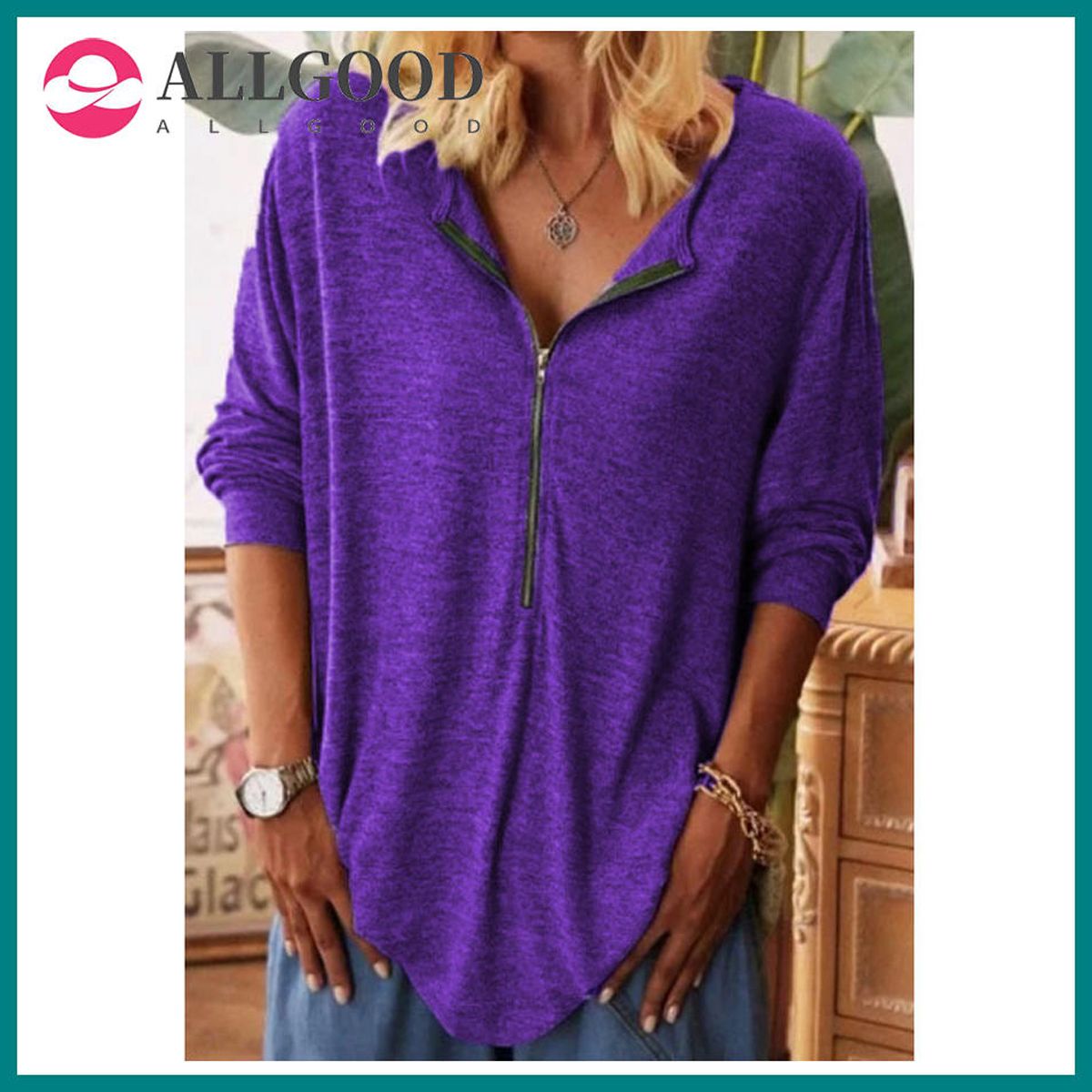 Spring and autumn top ladies street long-sleeved zipper solid color long-sleeved t-shirt slim cotton ladies