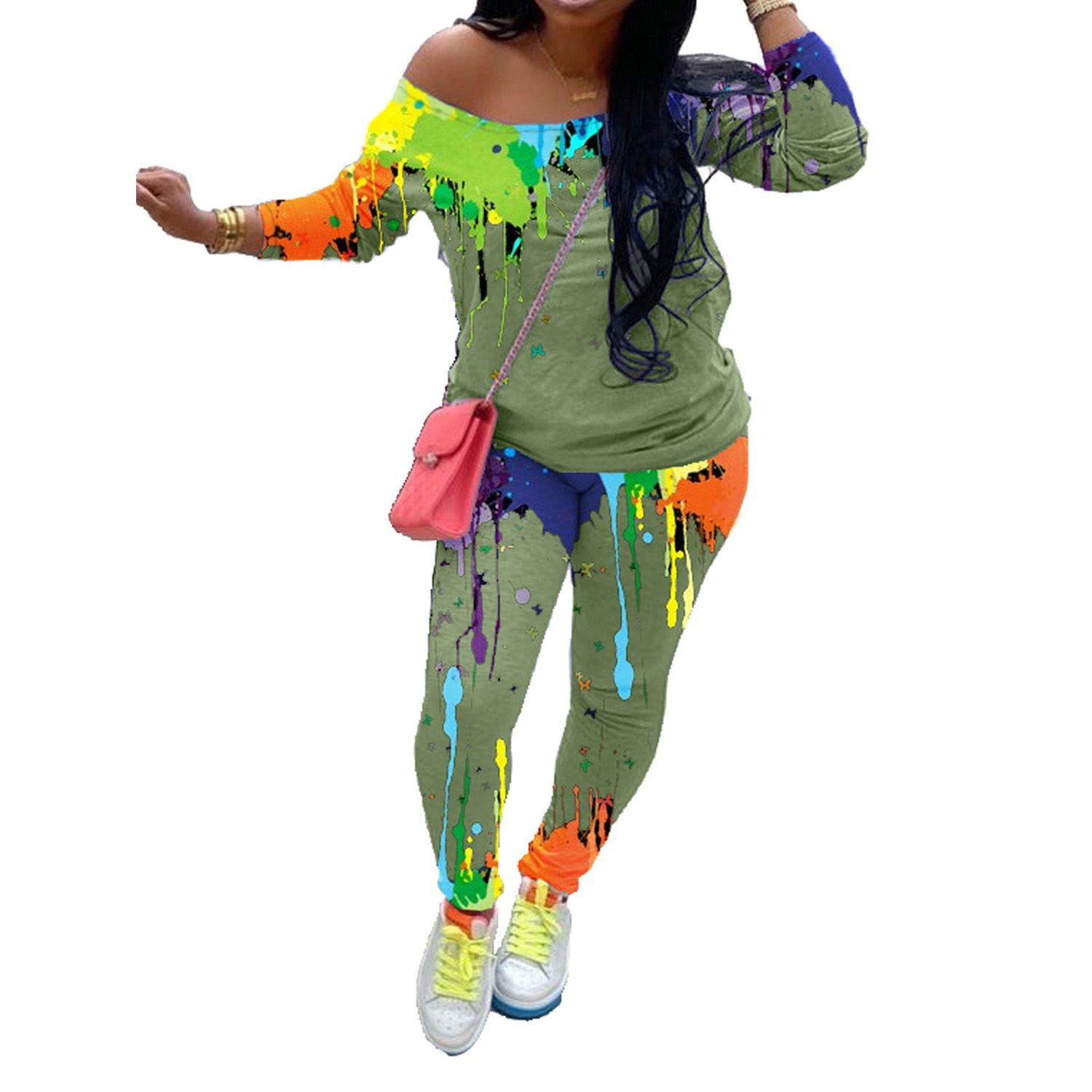 2 Pieces Suit Set, Women’ s Floral Print Sloping Shoulder Long Sleeve T-Shirt and Trousers