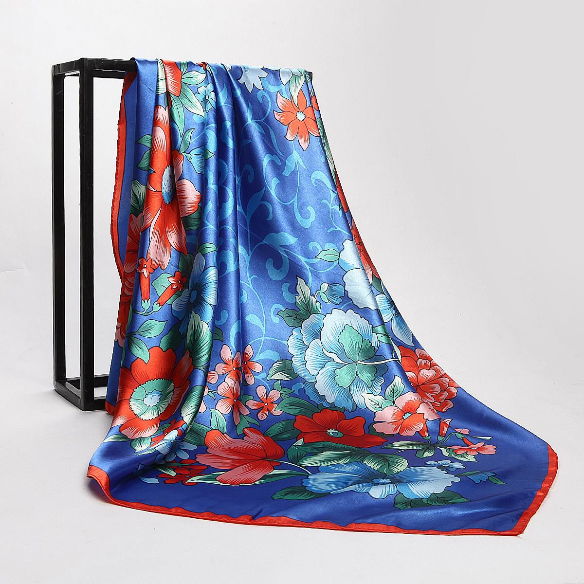 【ALLGOOD】Spring And Summer Silk Towel Professional Big Square Oversized Shawl Scarf  Printed Satin HighEnd Wedding Gifts Fashion Floral Shiny Lady Women  90cm (35.4Inches)
