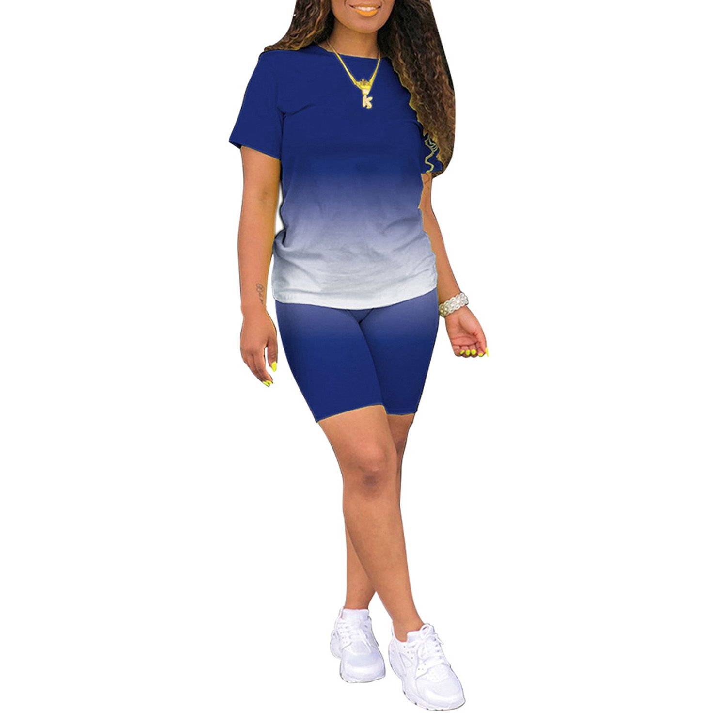 2020 Women’s Short Sleeve T-shirt Shorts Suit Fashion Gradient Solid Color Pullover Top and Tight High-