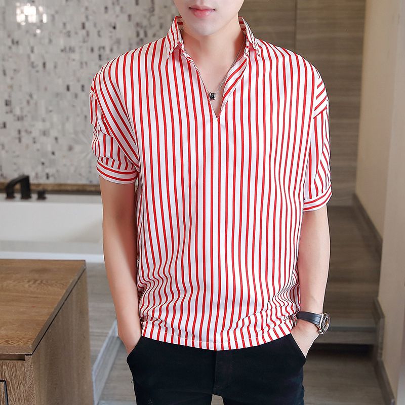 IELGY Japanese Striped Short Sleeve Shirt Loose Men's Shirt
