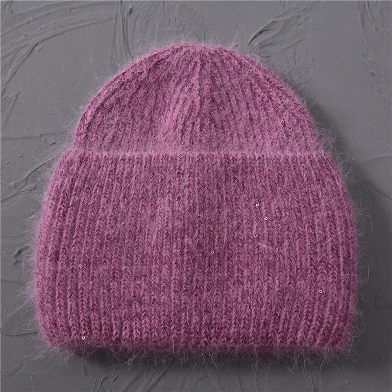 Autumn Winter Rabbit Hair Winter Hat Warm Beanies Hats Casual Women Solid  mere Knitted Beanie Hat with Bright Wire