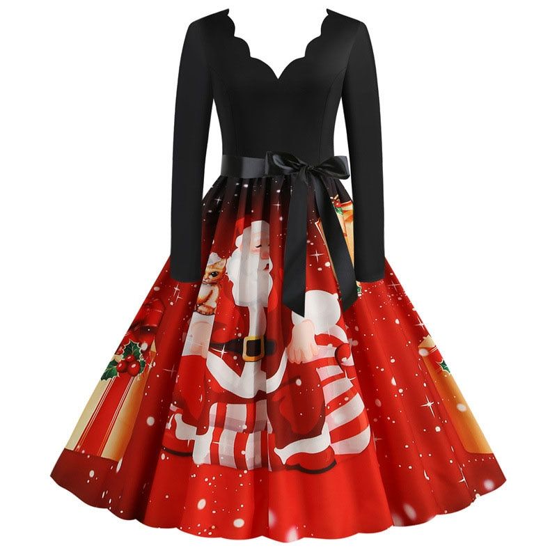 Black Big Swing Print Vintage ChristDress Women Winter Casual Long Sleeve V Neck  New Year Party Dress Plus Size S~3XL