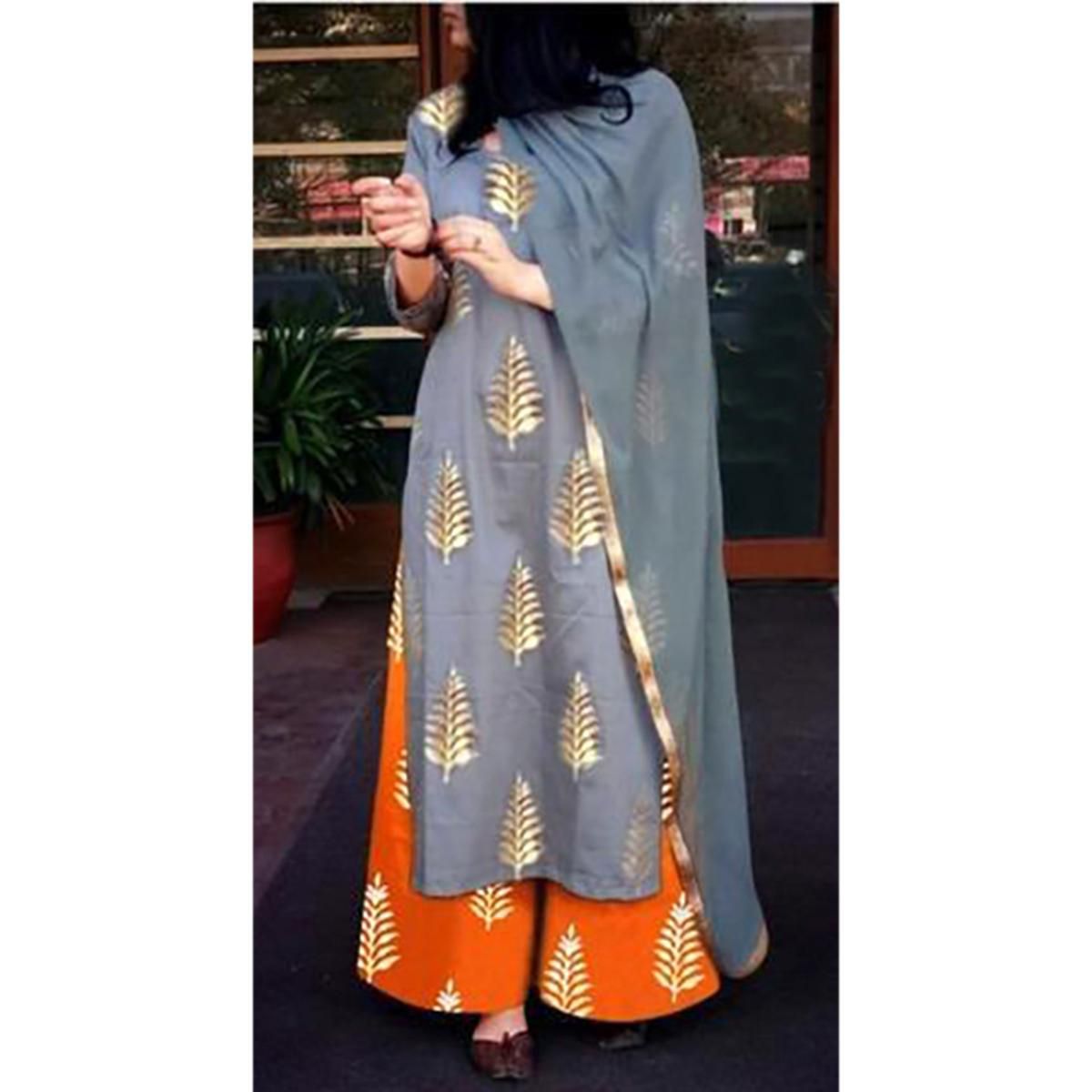 Fashionable Unstitched Light Slate Gray Cotton Screen Printed Salwar Kameez For Women