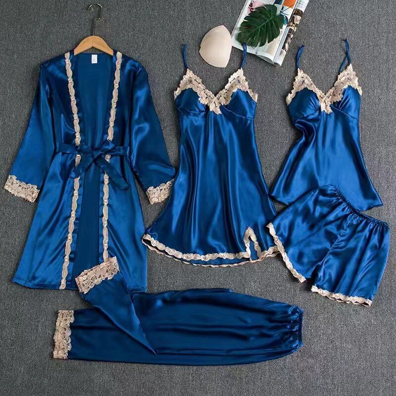 107 y nightwear  Five-piece Pajamas  sleep tops  robe sets  silk pajamas Sleep Suit Womens Lace Satin Pajamas Pajama suit