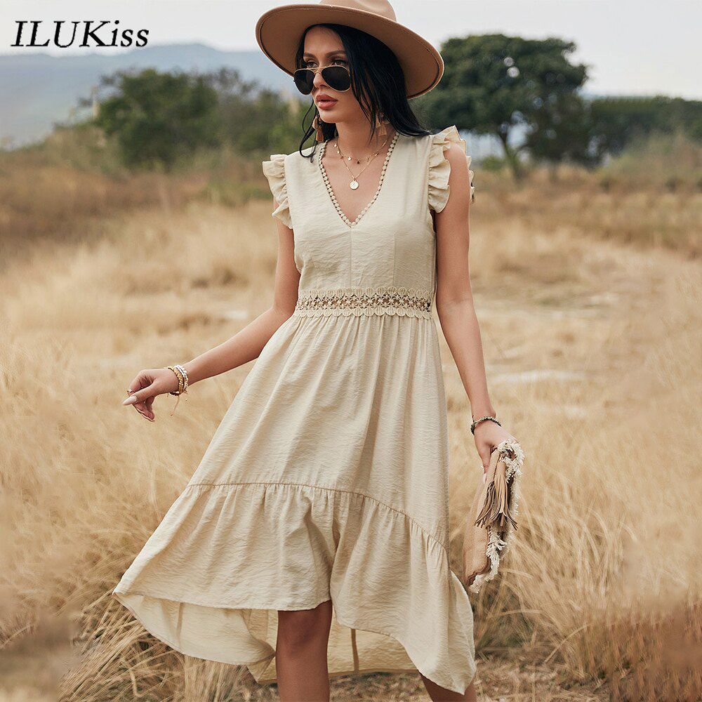 Summer Women Sleeveless Midi Dress Fashion Hollow Out Ruffle Pink Lace Slim Women's Elegant Dresses Casual Ladies Clothes