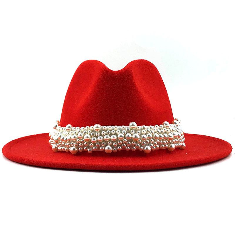 Jazz fedora hat with pearl chain Cap Cowboy Soild Color Winter Felt Panama Hat Big Brim For Men Jazz Hat leapoard round top hat