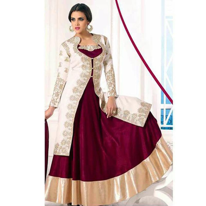 Dark Maroon and White Georgette Semi Stitched Long Dress for Women
