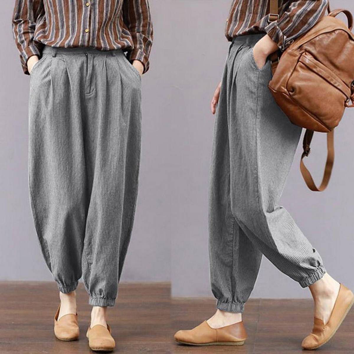 【ALLGOOD】Women Plus Size Long Trousers Office Stripes OL Work Retro Tapered High Waist Trousers