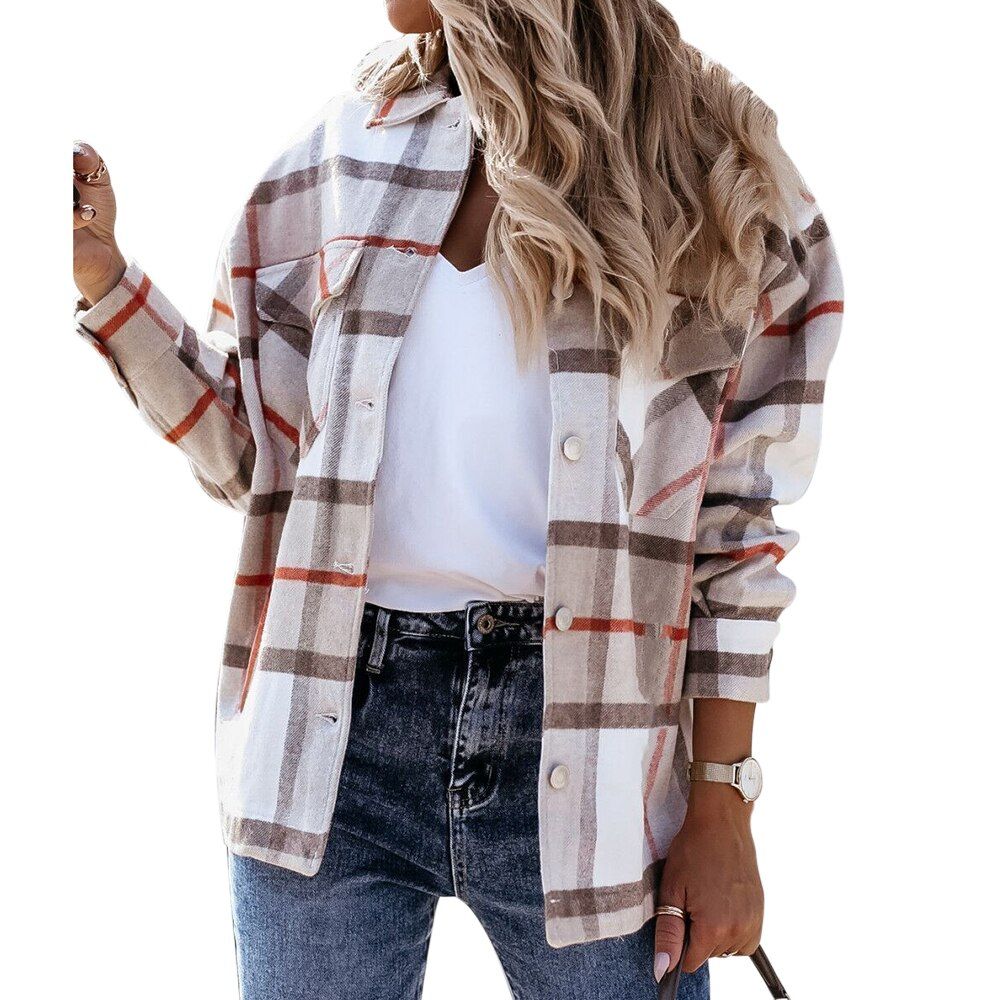 Autumn Plaid Shirts Coats Women Streetwear Sport Coats Hiking Pocket Oversized Jacket Outerwear Tops Chaquetas Mujer