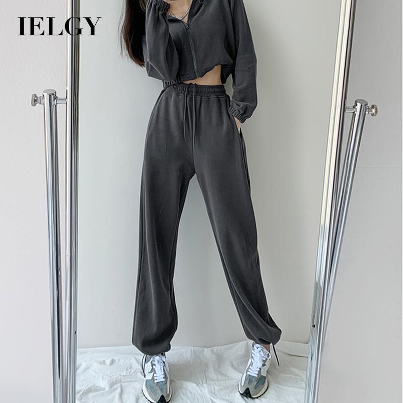 IELGY drawstring sports pants guard pants high-waist straight leg fashion Love label drawstring pants loose casual gray