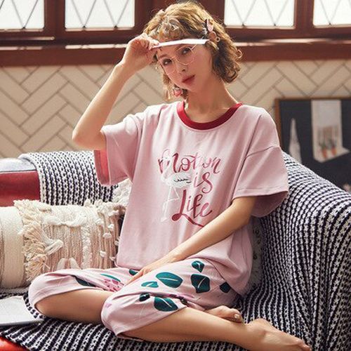 Summer Cartoon Cotton Pajamas Set Women Pyjamas Sleepwear Nightwear Pijama Home Wear Plus size Calf-Length Pants Nightsuit