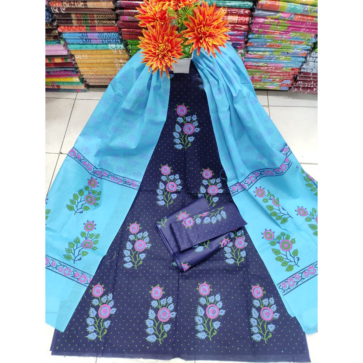 Exclusive Block Print Unstitched Cotton Three Piece Dresses (3 Piece)