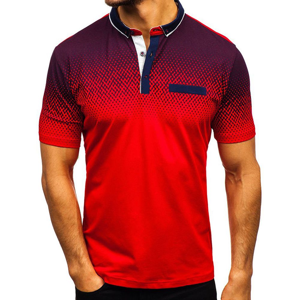 Men Color Block Dots Print Short Sleeve Turn Down Collar T-Shirt Slim Fit Top