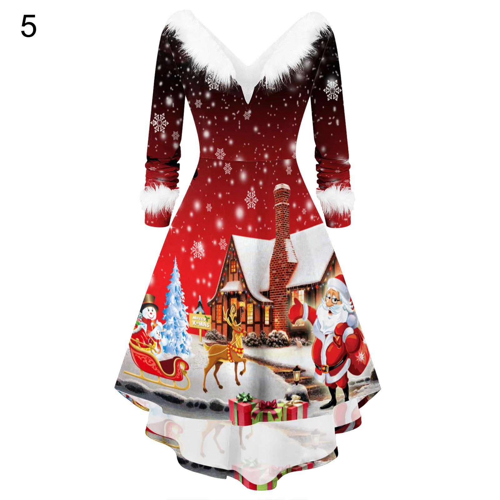 Women Dress Artificial Fur Collar Vintage Snowman Pattern Dress