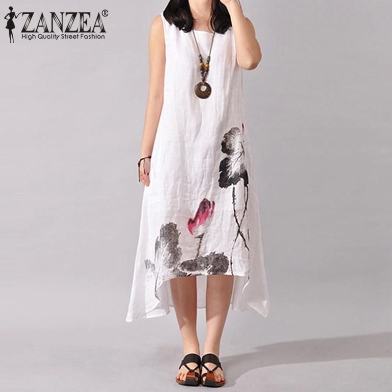Plus Size S-5XL Women Sleevss Loose Cotton Linen Summer Sundress A-line Tank Dress
