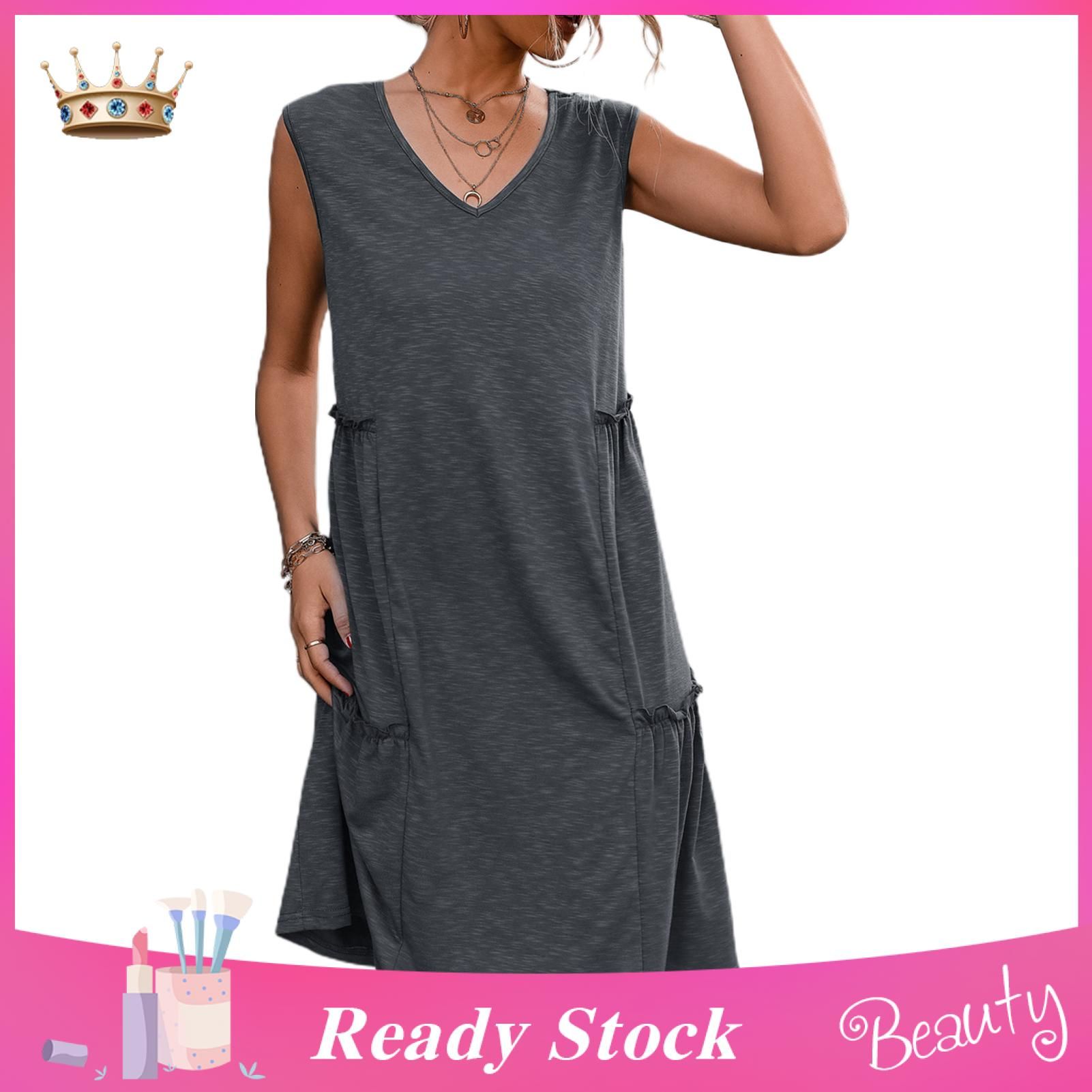 Casual Dress V-neck Solid Color Short Sleeve Lady Dress