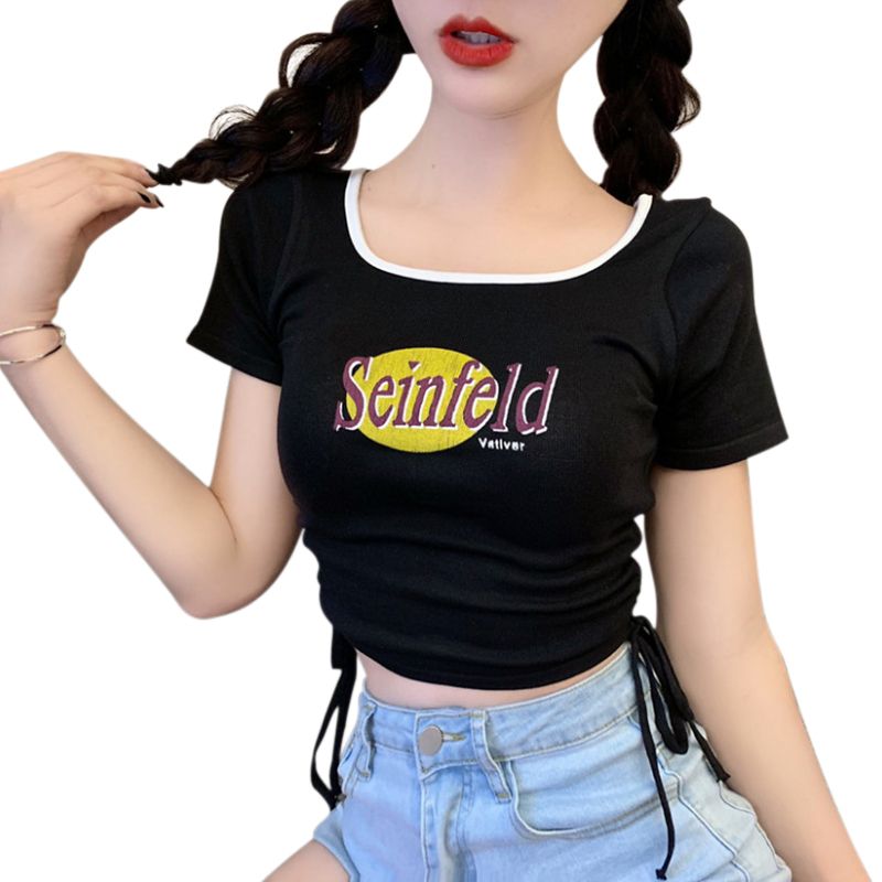 Women's Side Drawstring Crop Tops,  Short Sleeve Scoop Neck Letter Print T-Shirts