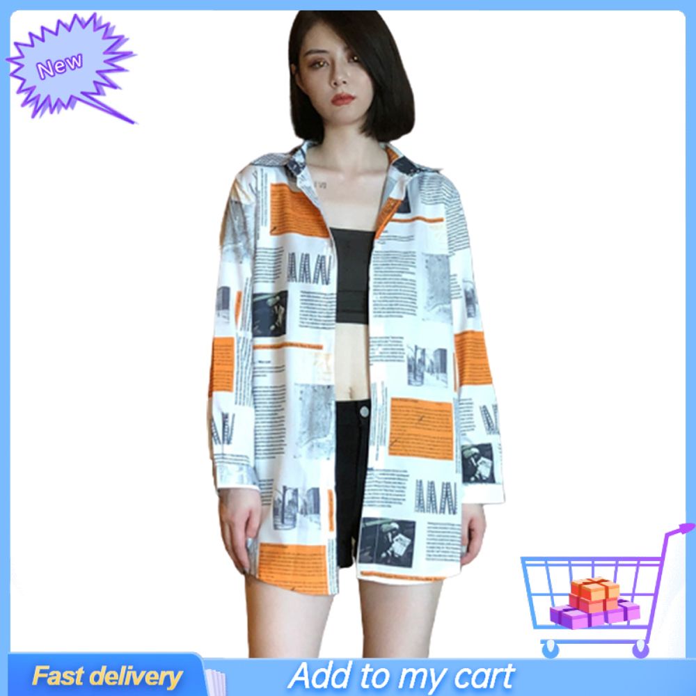Women Autumn Long Sleeve Letters Magazine Print Loose Shirt Blouse Buttons Coat