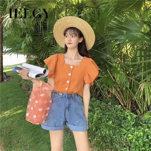 IELGY's new Korean style square collar design reveals clavicle short-sleeved chiffon shirt tops women's clothing
