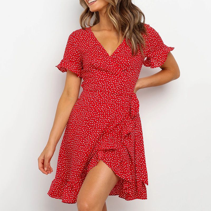 Red V Neck Floral Print Self Tie Wrap Dress Mini Dress Women Boho Ruffle Hem Flare Sleeve Summer Mini Dresses Vestidos