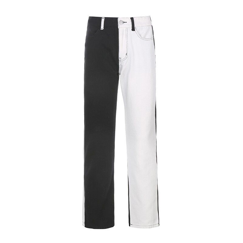 Black White Skinny Pencil Jeans for Women Patchwork Casual Long Trousers Ladies Vintage Denim Pants Capris Pocket