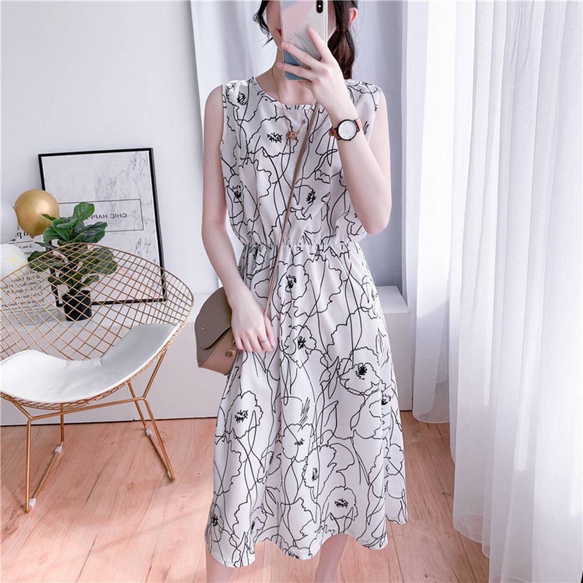 2021 Women Sleeveless Abstract Pattern Dress Summer Fashion Round Neck Dresses for Ladies