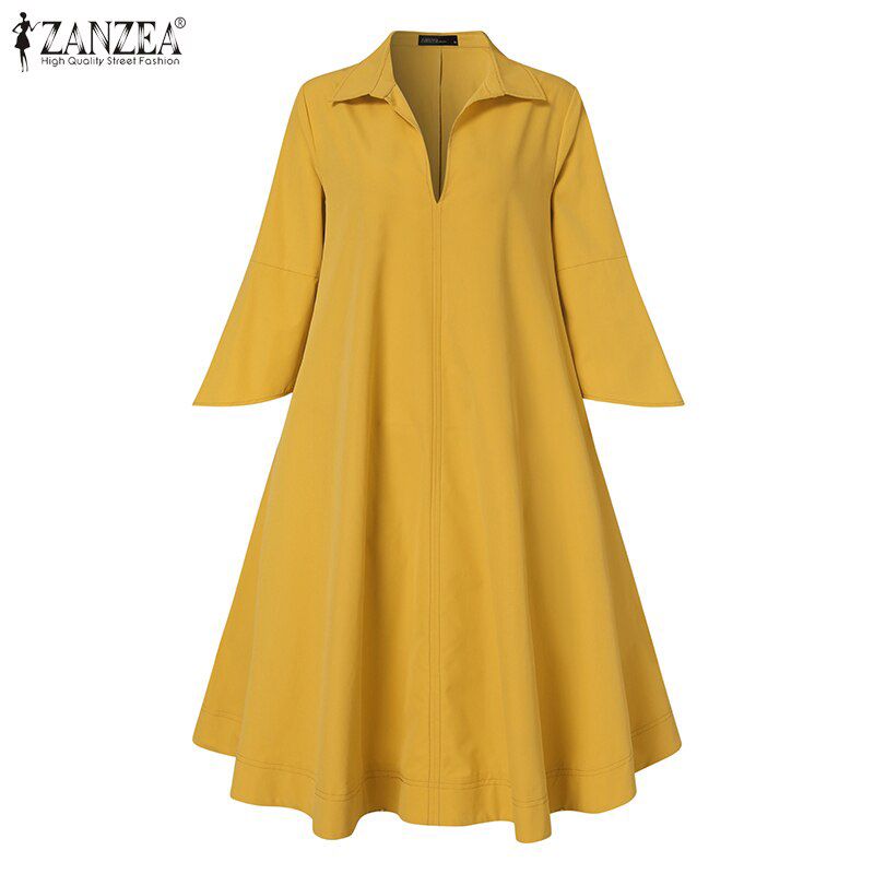 Womens Summer Lapel Dresses Party Casual Robe Female Vintage Pleated Vestido Oversize Elegant Solid Knee Length Dress