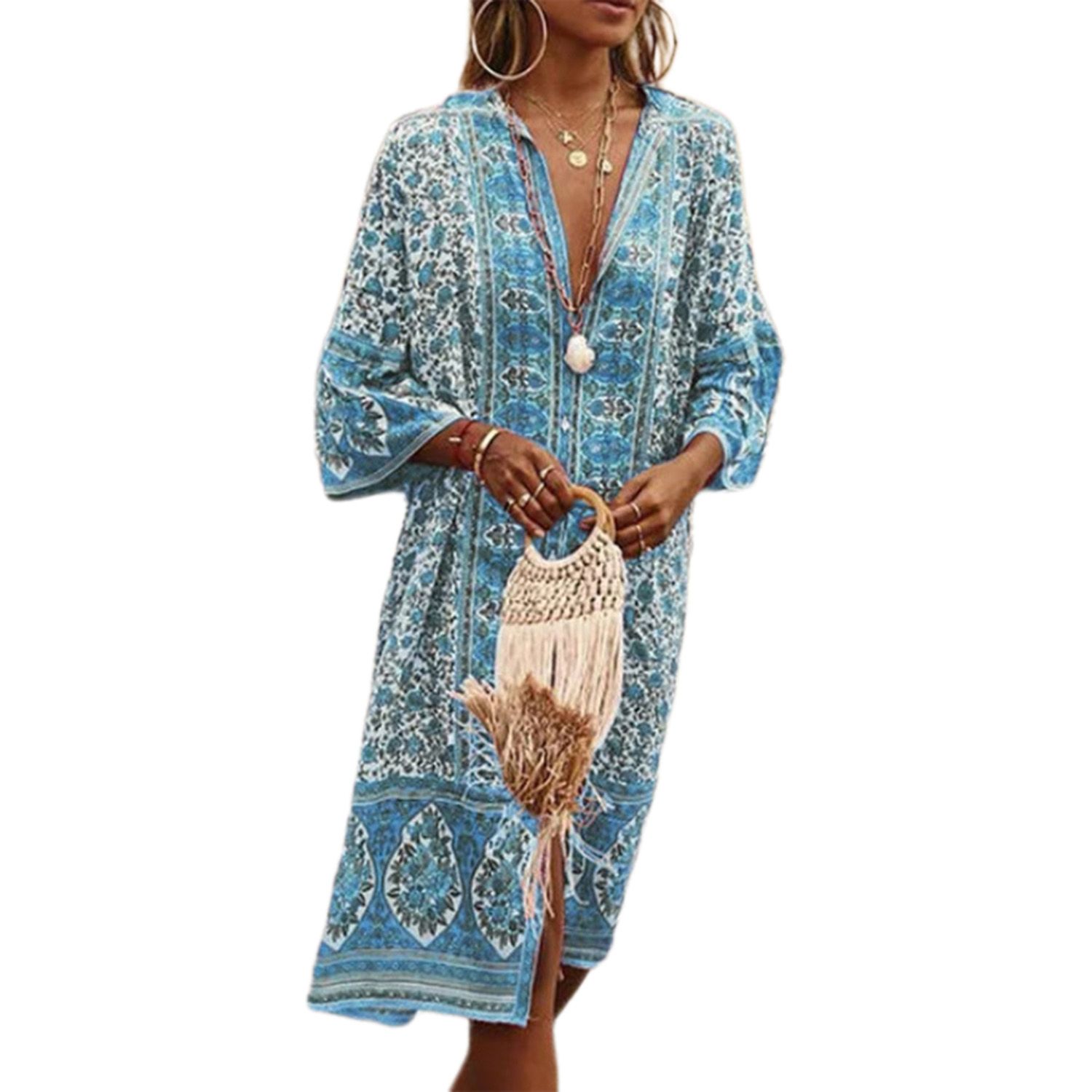 2021 Women Vintage Floral Printed Dress, Deep V Neck 3/4 Sleeve Front Split Vacation Midi Dress