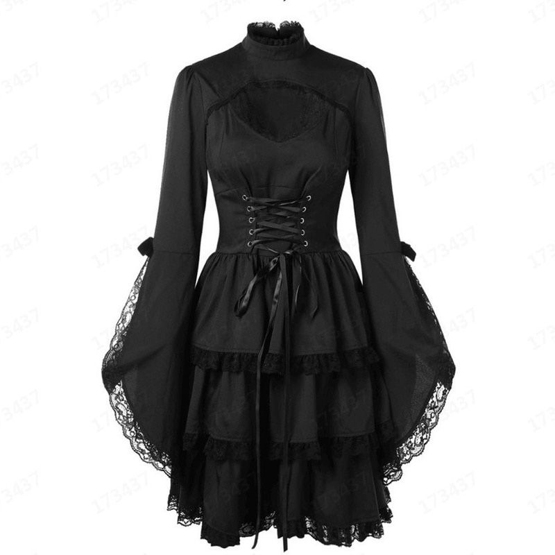 New Vintage Elegant Lace Up Goth Retro Party Dresses Women Gothic Punk Dress Long Flare Sleeve  Black Mesh Sawing  Dress
