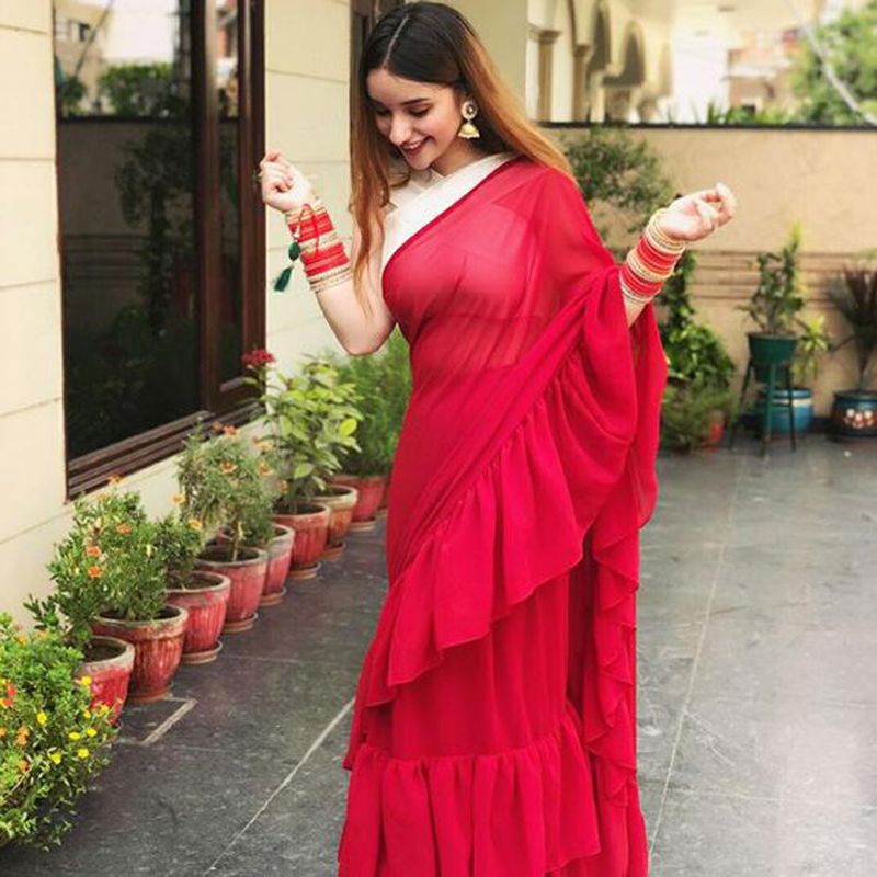 Weightless Georgette Ruffle Frill Anjaneya Sharee With Running Blouse Piece For Women’s By SOHAMONI