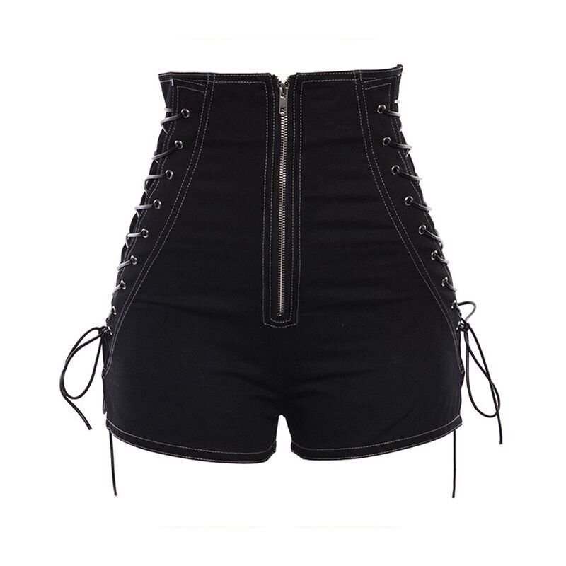 Rosetic Bandage Denim Shorts Women Streetwear Gothic Jeans Mini High Waist Lace Up Casual Zip Black Goth Club Fashion