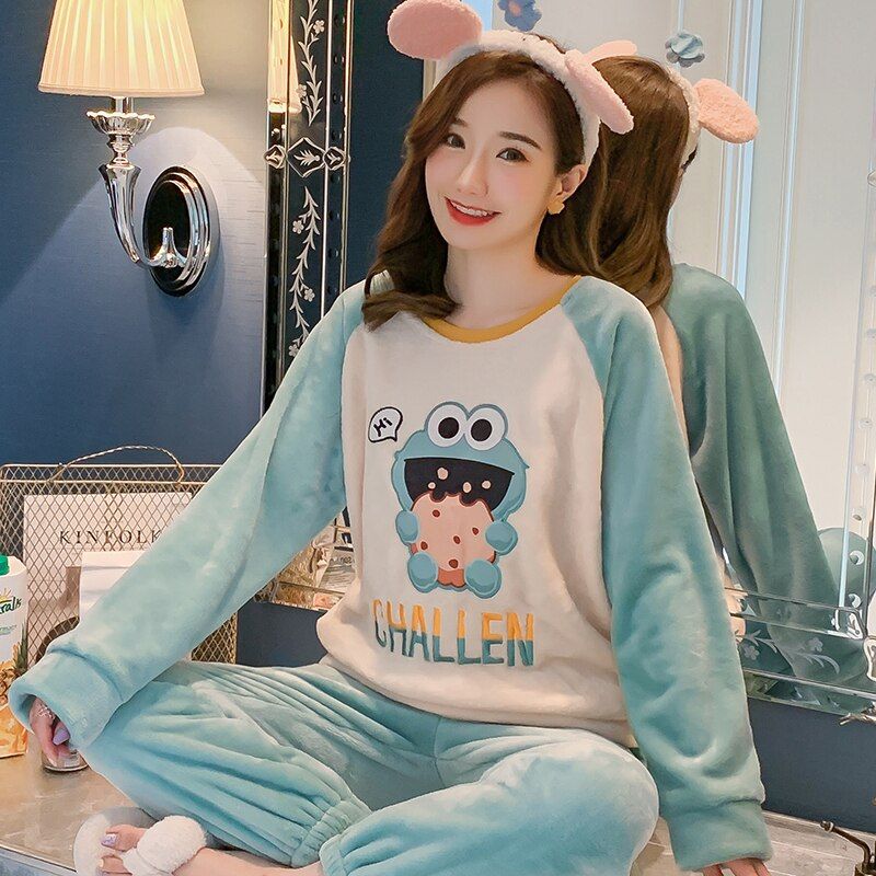 winter Flannel Warm Pajamas Women Long Sleeve Home Suit Ladies sleepwear cartoon Velvet Pajama set Thicken Feminino Pyjamas