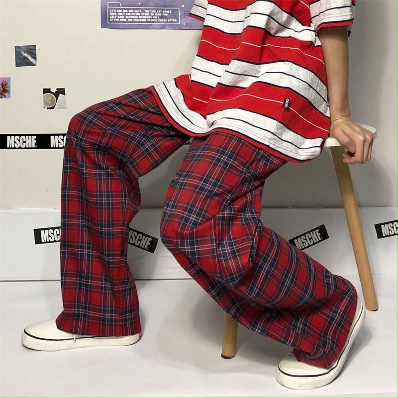 Red Plaid Pants Women Gothic Streetwear Checked Trousers Korean Fashion Oversize Wide Leg Sweatpants