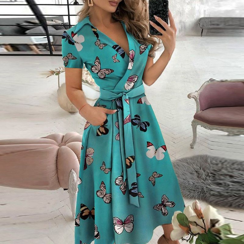 Women Elegant Sexy Off Shoulder Party Dress 2021 Summer Tie-Up A-Line Dress Office Lady Casual Short Sleeve Pocket Dress Vestido