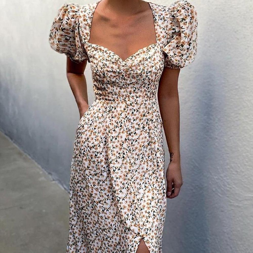 Summer Women Puff Sleeve Backless Midi Dress Vintage Floral Print Split Blue Sundress Elegant Party Beach Ladies Dress