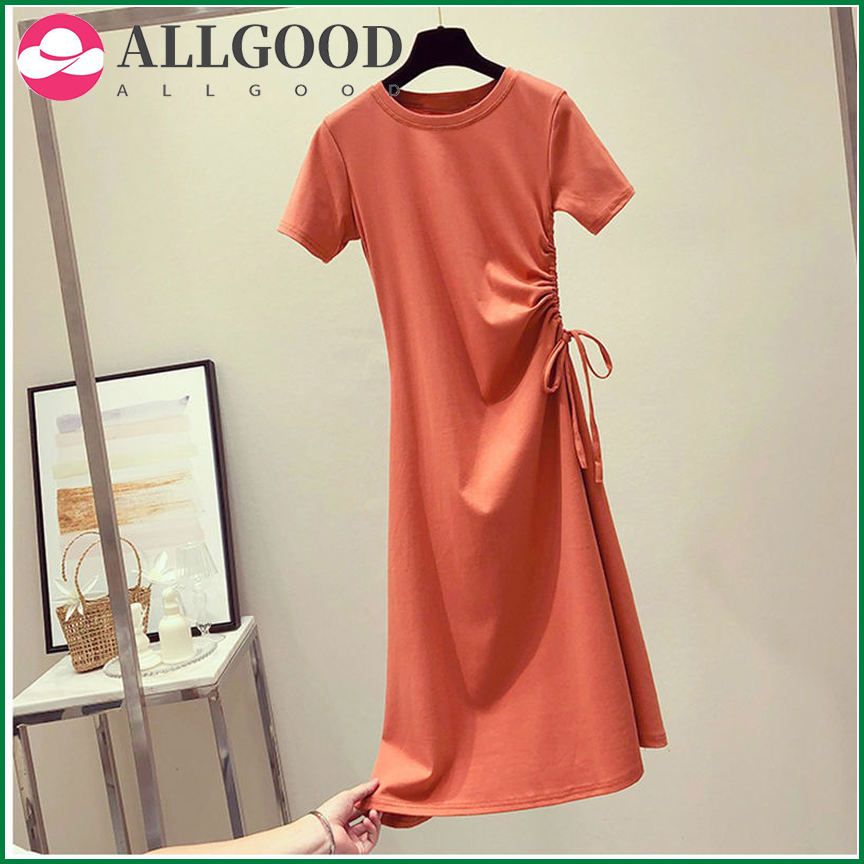 Avocado green dress  summer new ins waist and thin drawstring western style Korean student T-shirt skirt female