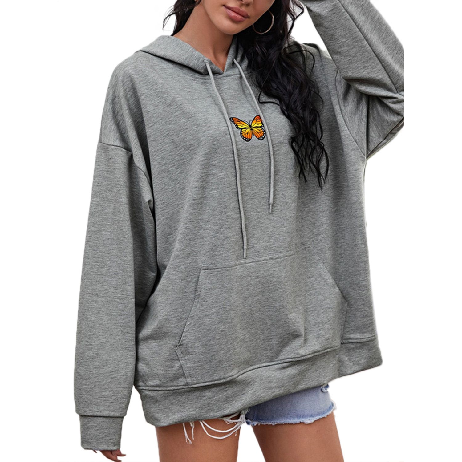 Women Butterfly Embroidery Sweater, Long Sleeve Front Pocket Drawstring Hoodie Autumn and Winter Sweatshirt