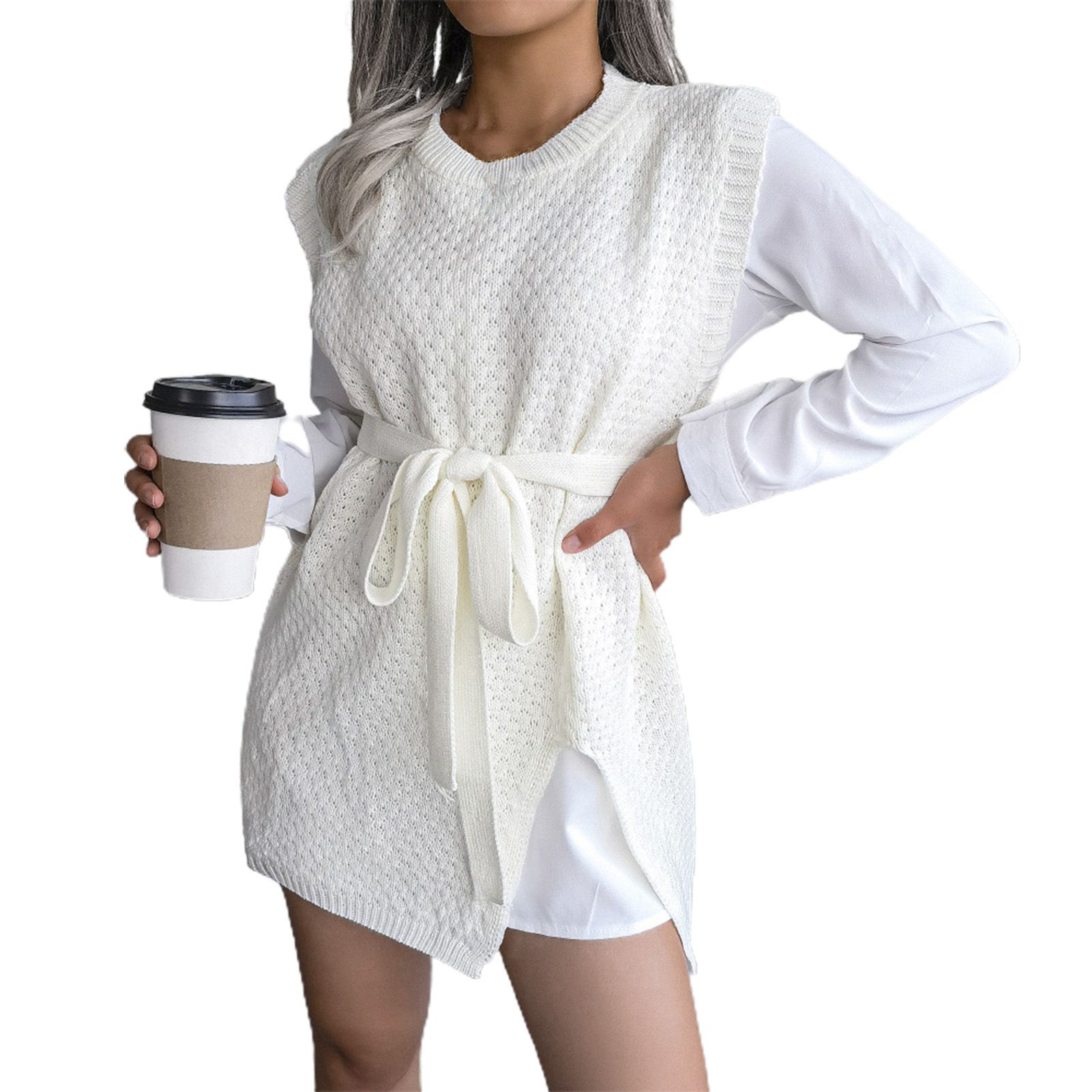 Women Vest O Neck Loose Hem Sweater Vest