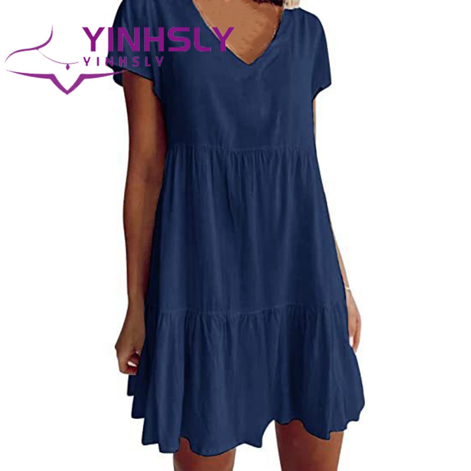 Women Dress Solid Color Large Hem Above Knee Dress