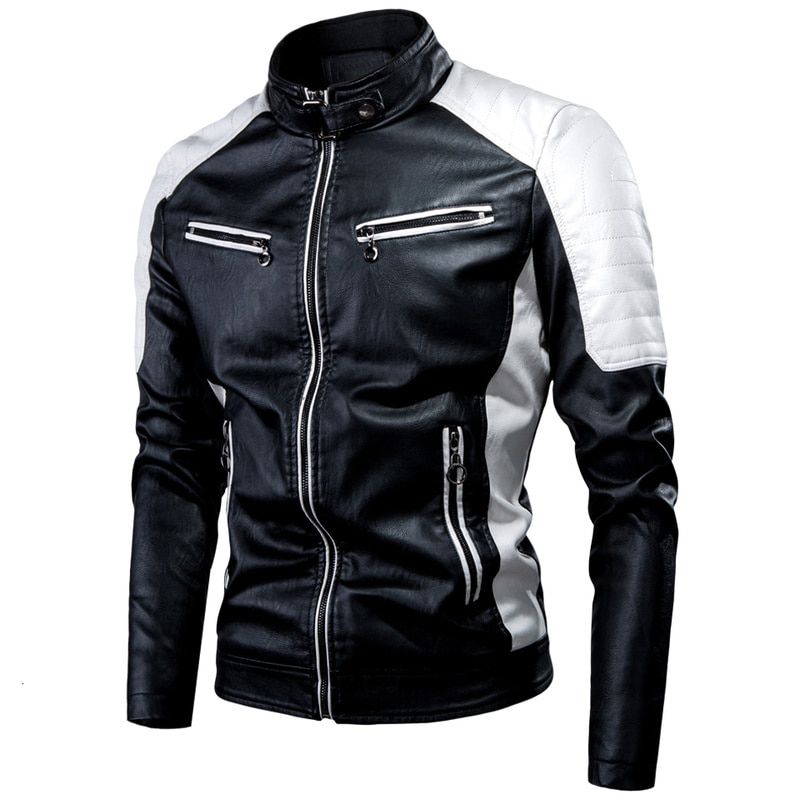 4XL Spring Autumn Spliced PU Leather Jacket Coat Male Biker Vintage Warm Stand Collar Slim Jackets Men Casual Motor Plus Size