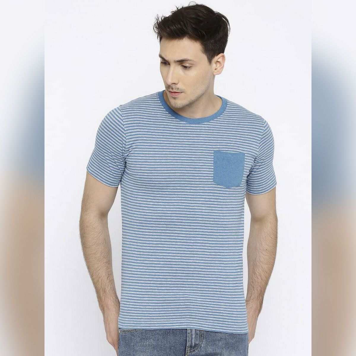 Men's Lite Blue Half Sleeve Stripe T-shirt