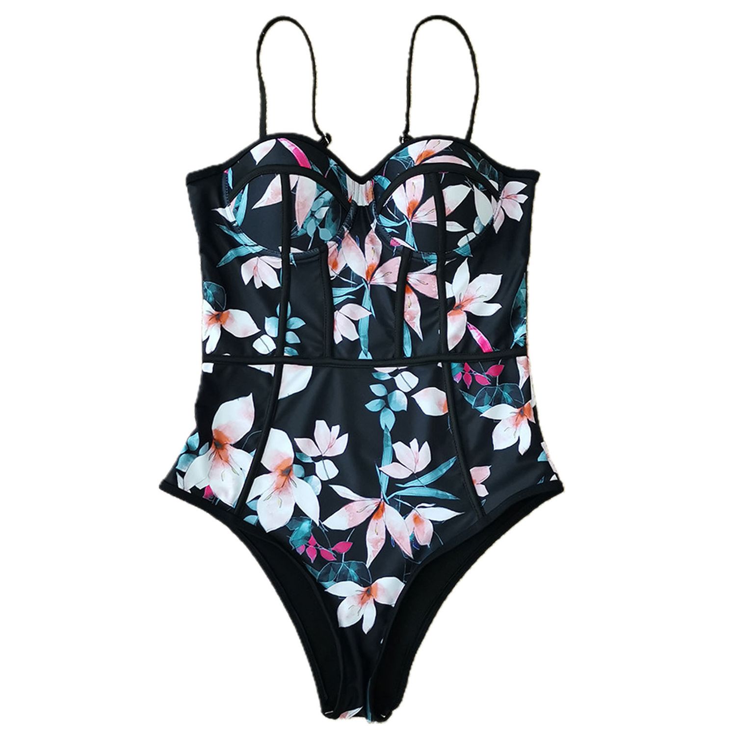 Cut Out High Waist One-piece Flower Print Spaghetti Straps Women Bikini Swimsuit for Swimming Pool