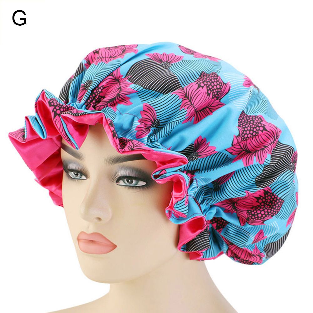 Women Stylish Floral Print Double Layer Large Hair Care Cap Sleep Bath Head Wrap