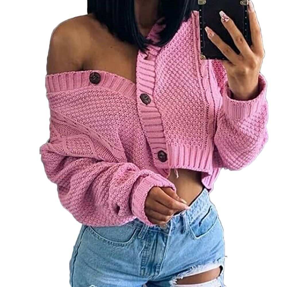 Women Autumn Twist Knitted Short Jacket Cropped Sweater Buttons Cardigan