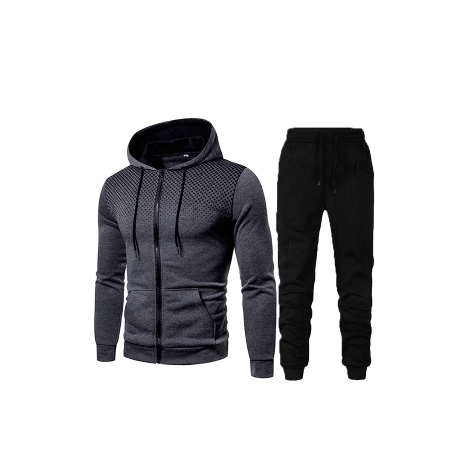 2 Pieces Suit Set, Polka Dot Long Sleeve Hooded Top and Solid Color Trousers for Men, M/L/XL/XXL