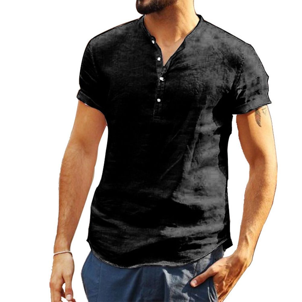 Men Summer Solid Color Cotton Linen Button V Neck Short Sleeve T-Shirt Basic Top